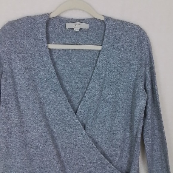 LOFT Faux Wrap Sweater Size S‎ Heather Gray Wool Blend Classic Fit Long Sleeve - Picture 9 of 11
